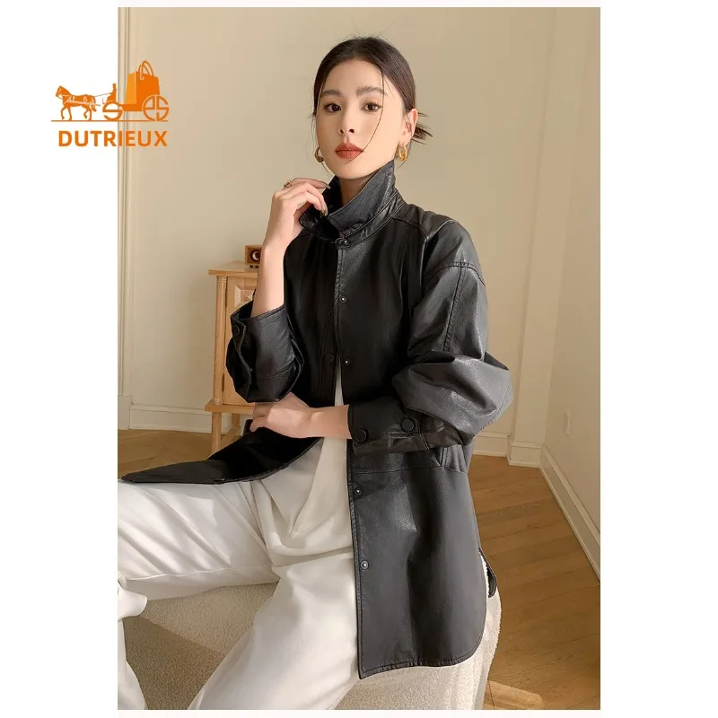 Veste en cuir véritable de Style chemise à revers à simple boutonnage, 100% peau de mouton véritable, manteau ample et décontracté pour femmes, automne et hiver