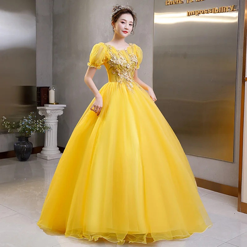 

Yellow Ball Gown Women Evening Dresses Appliques Tulle Puff Sleeves Prom Birthday Party Gowns Formal Occasion Vestido De Noche