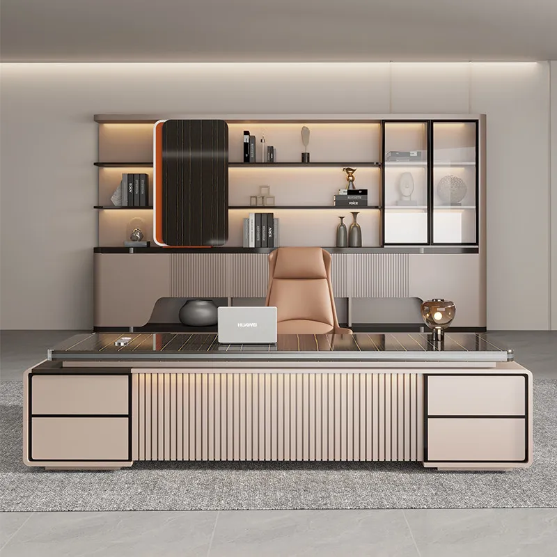 *Boss's Office Desk Light Luxury Modern Minimalism L-shaped Desk with Side Cabinet for Leadership Office