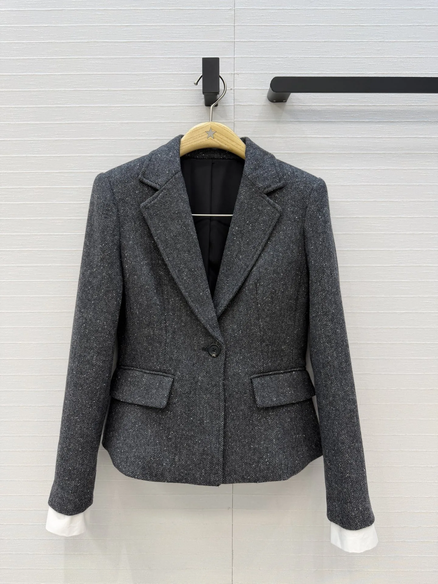 Women 2026 Early Autumn New Snowflake Grey Wool Short Blazer Detachable Lining Cuffs Fitted A-Line Slim Tall Look Wool Blend Sui
