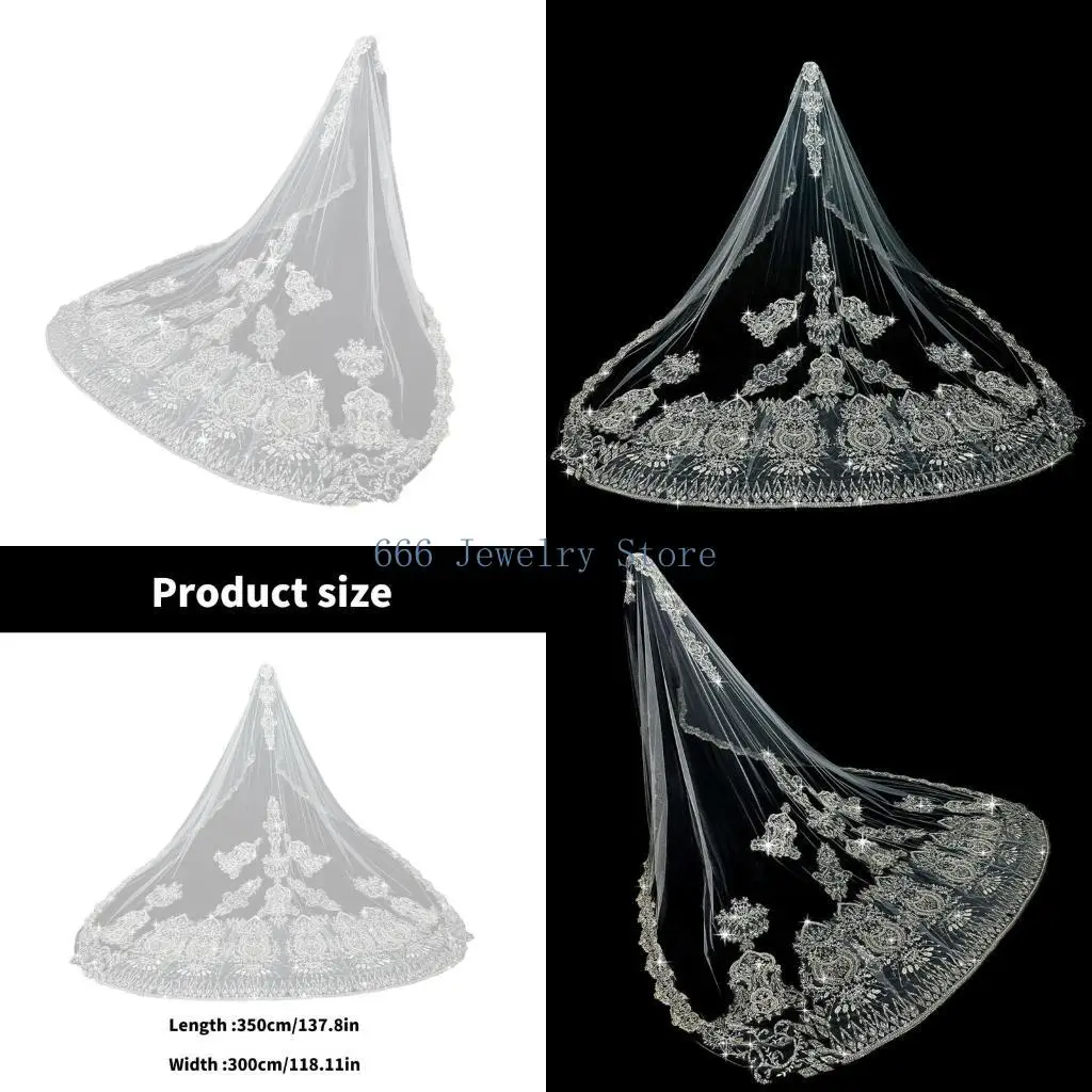 

F2TD Laces Wedding Veil Luxurious Beaded Bride Veil Sophisticated Long Bridal Veil for Outdoor Ceremonies