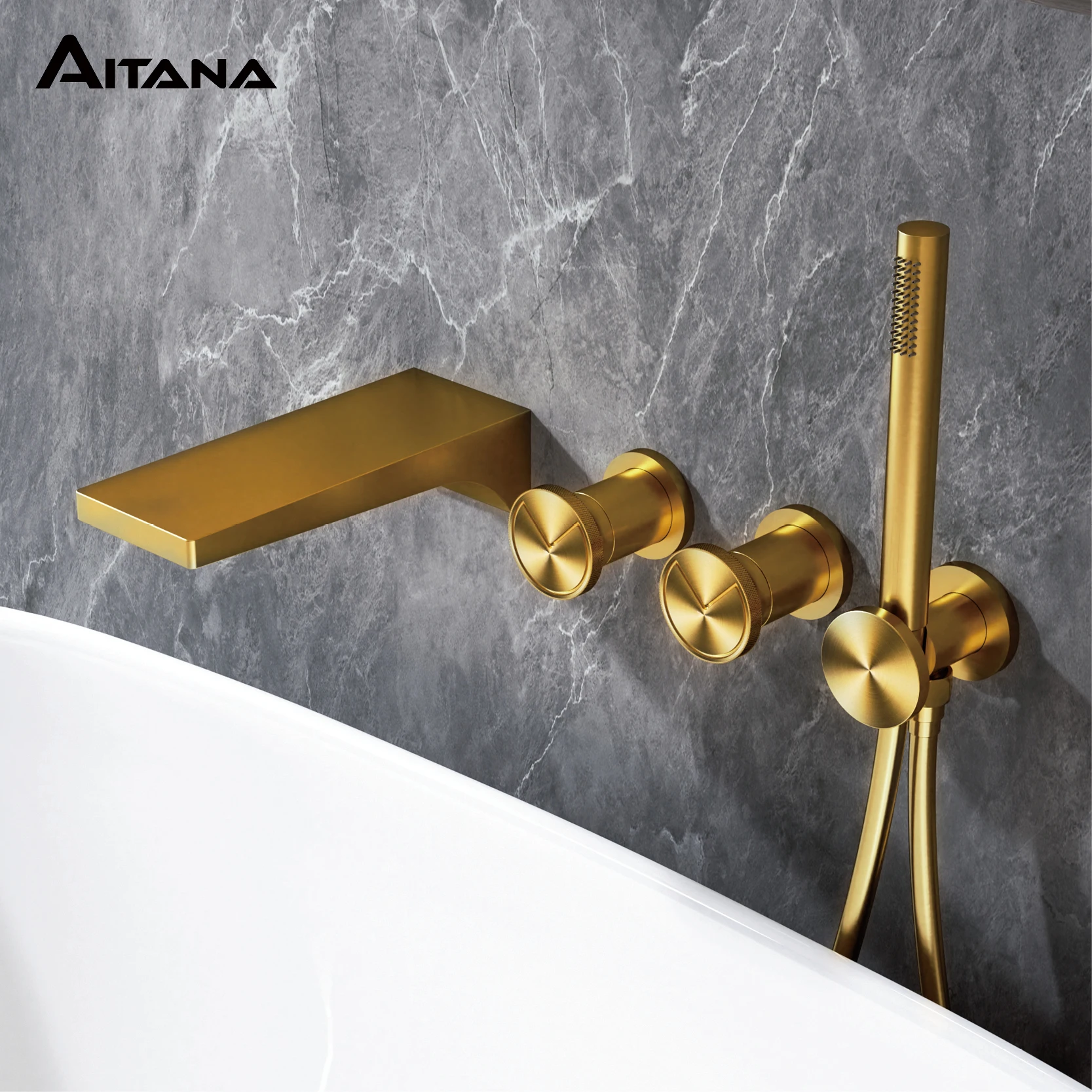 

Wall mounted design with brushed gold brass bathtub faucet Embedded dual handle hot and cold water 2-function bathroom mixer