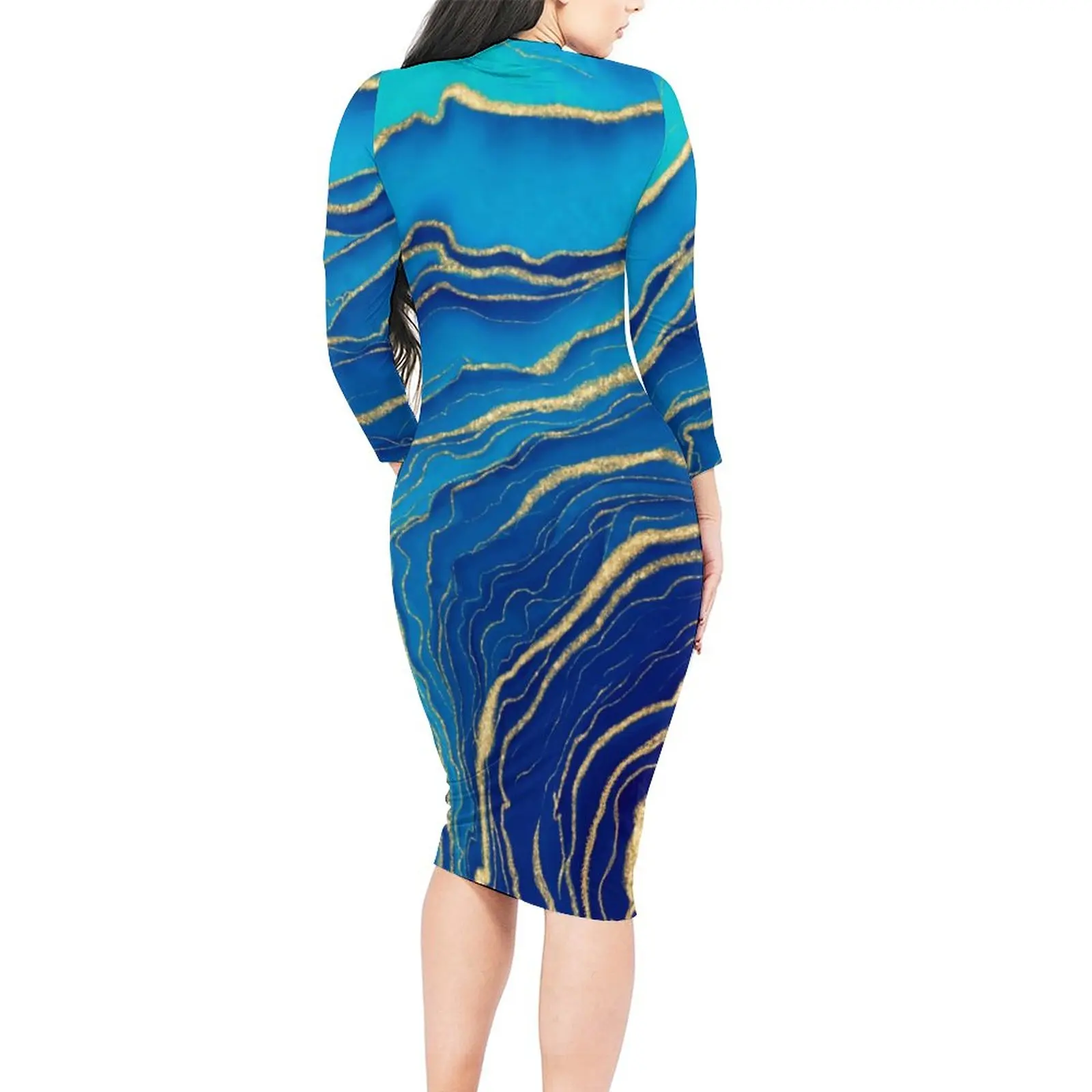 Liquid Marble Dress Long Sleeve Blue and Gold Elegant Dresses Spring Woman Fashion Printed Bodycon Dress Large Size 5XL 6XL