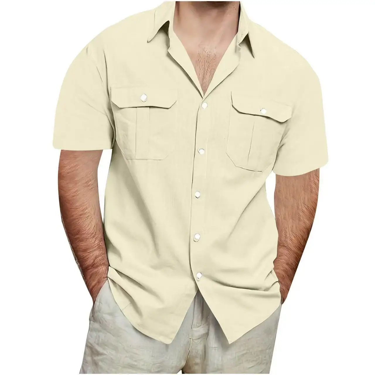 Men's-Cotton-Linen-Multi-Pocket-Workwear-Shirt-Casual-Solid-Color-Short-Sleeve-Shirt-Breathable-Loose-Vacation-Daily-Work-Top