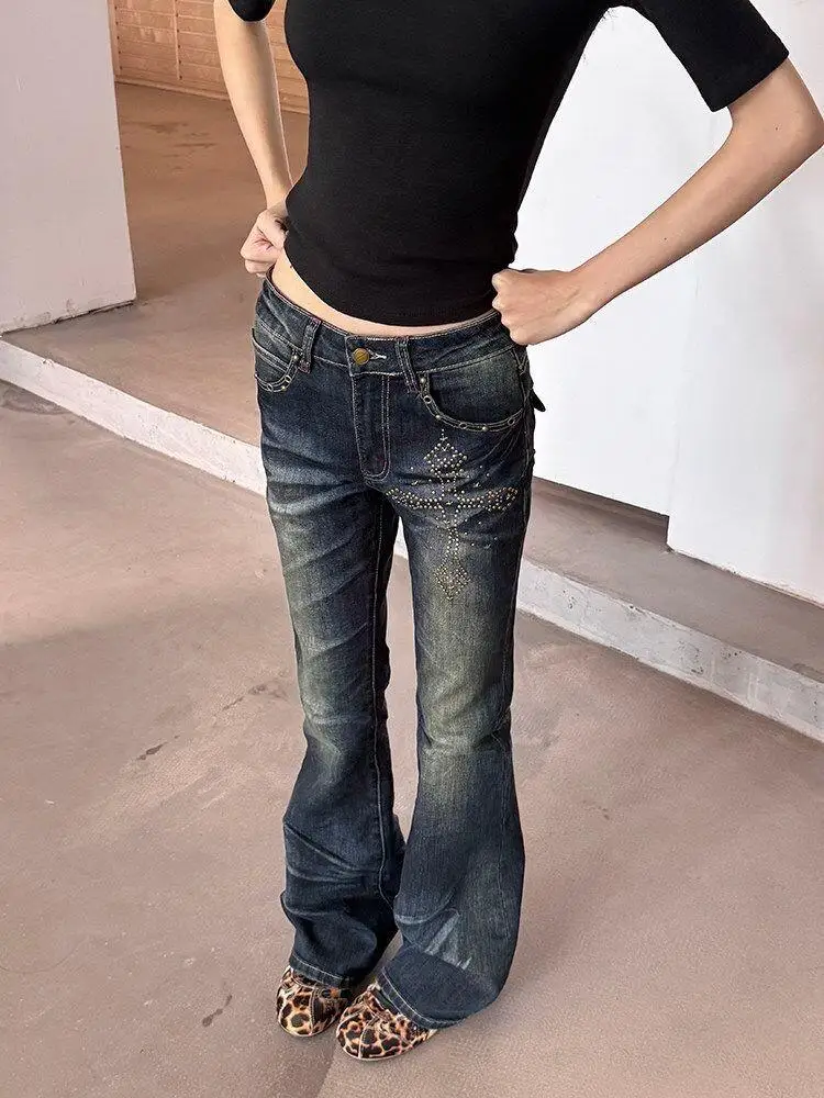 ReddaChic Cross Rhinestone Tight Jeans Women Grunge Distressed Eyelets Stretch High Waist Denim Bootcut Pants Punk Streetwear