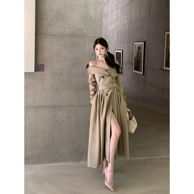 

Long Trench Coat Women Streetwear Belt Sexy Off Shoulder Jackets Korean Double Breasted Outerwears Fall Winter Fashion Overcoat