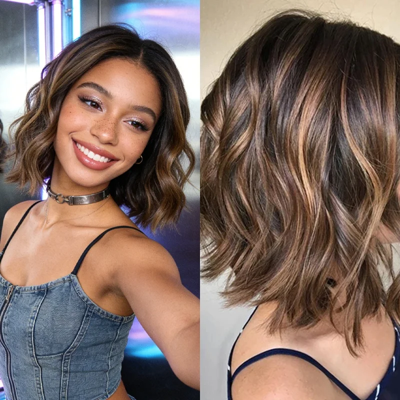 Honigbraune blonde synthetische Lace-Perücke, hitzebeständig, mit natürlichen Ansätzen, Money-Piece-Highlights, kurzer Bob, Lace-Frontal-Perücken