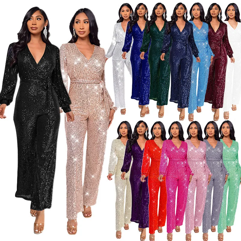 

Women's Sequin V Neck Long Sleeve Jumpsuit Slim Fit Waist Belt Design Fashion Female Solid Sequins High-waist Rompers Outfits
