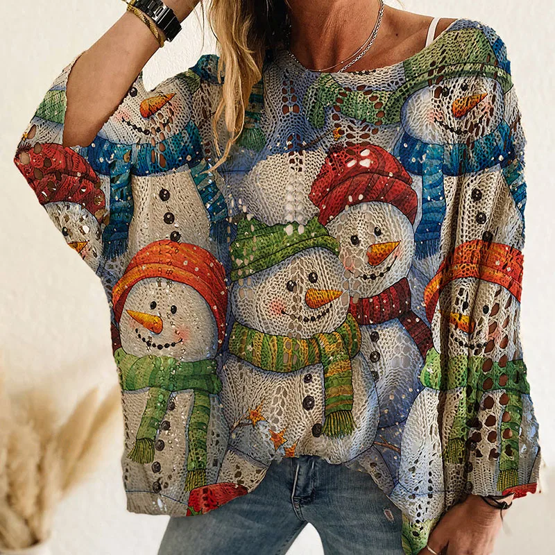 Feminino o pescoço manga morcego camisola solta novo casual crochê festival camisola topo outono natal impresso oco camisola de malha