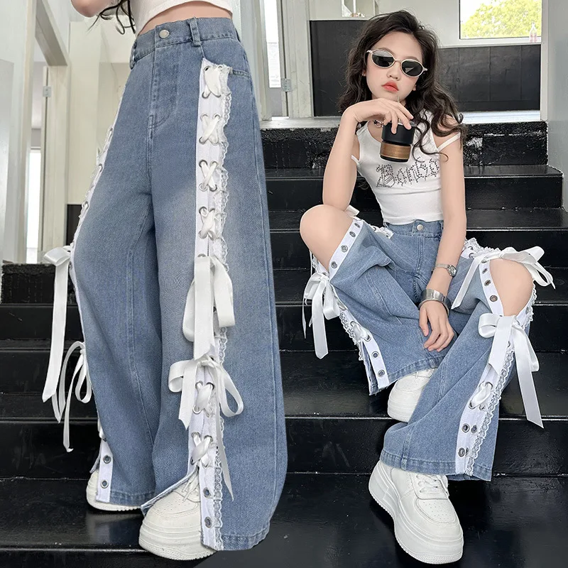 Stylish Children Fashion Straight Fit Jeans with Ribbon Bow Lace on The Sides for Teen Girls Street Denim Pants Kids Trousers