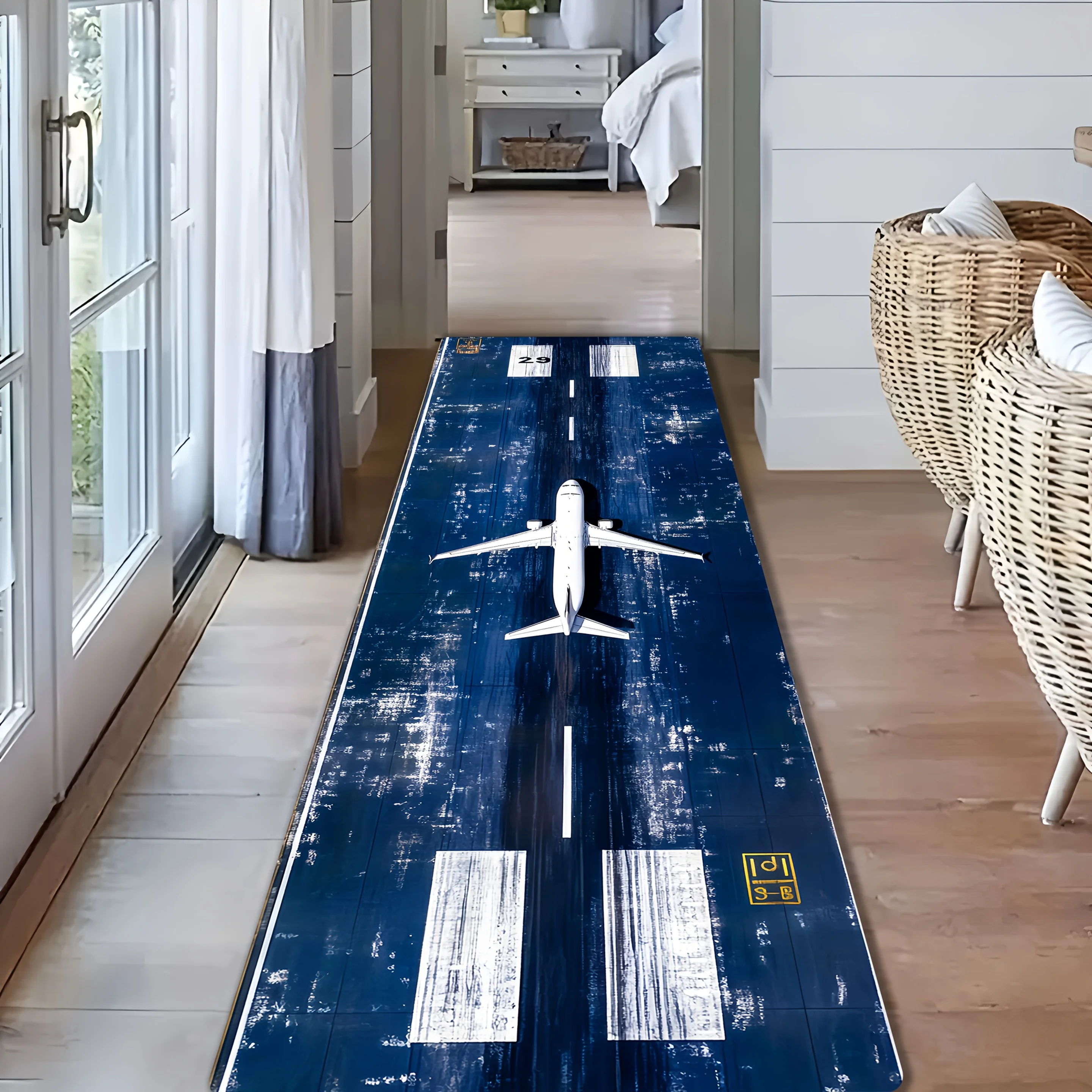 Vintage Airplane Runway Runner Rug Distressed Aviation Themed Floor Mat Unique Decor Carpet for Hallway Entryway Living Space