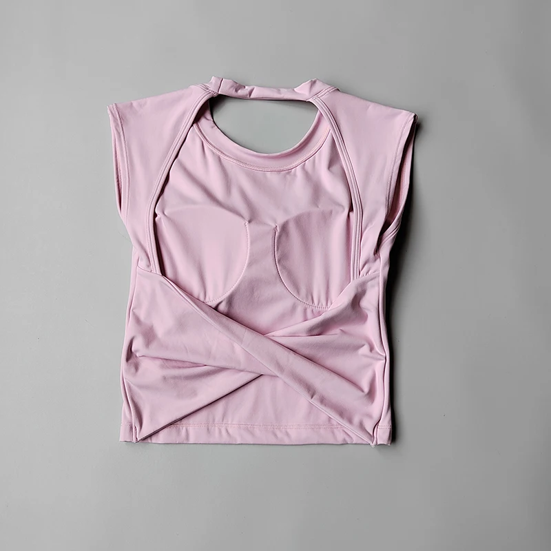 Yoga de manga corta para mujer, almohadilla fija para el pecho, correr, gimnasio, Sexy, sin espalda, Camiseta deportiva de entrenamiento corto, chaleco de Fitness adelgazante de cintura