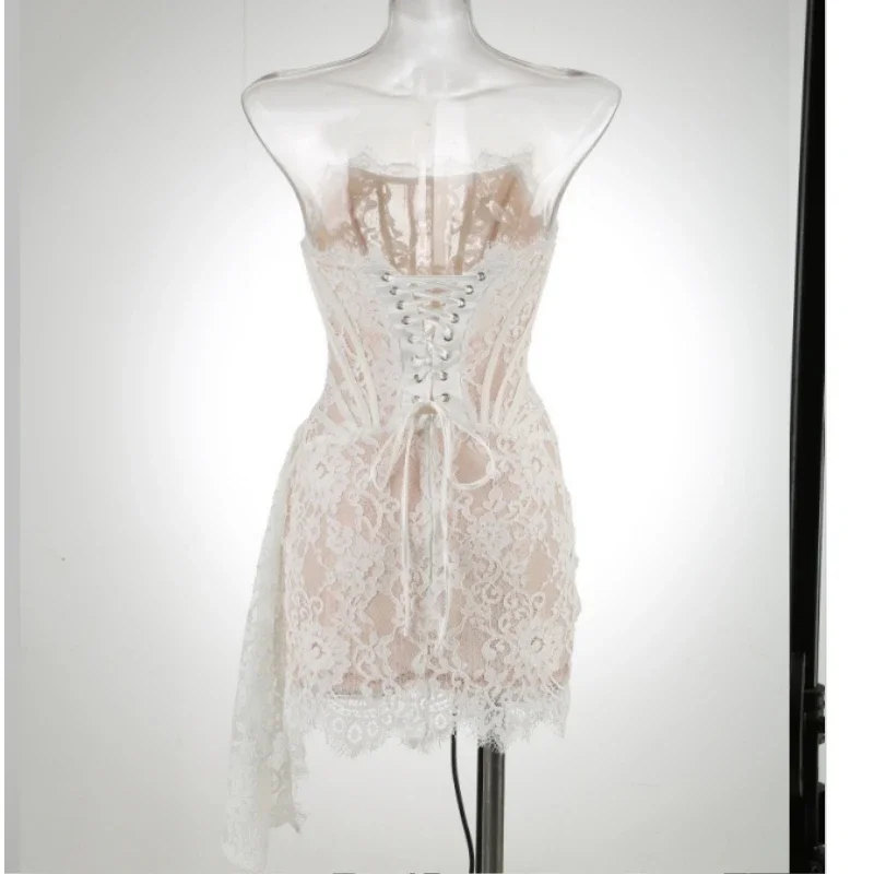 فستان عيد ميلاد أبيض للنساء فساتين نسائية فاخرة أنيقة للخريف مطوي فساتين سهرة دانتيل مرقع ملابس الحفلات