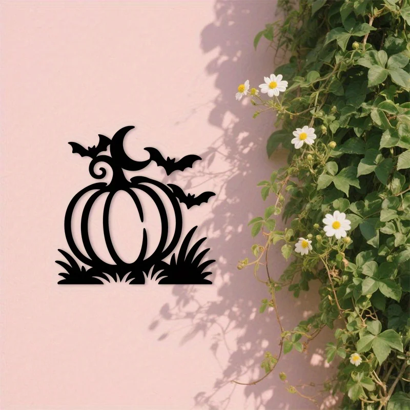 Halloween Pumpkin Bat Metal Wall Art Iron Gothic Silhouette Farmhouse Porch Hanging Mural Spooky Outdoor Decor Gift