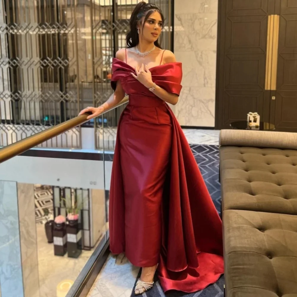 

Elegant Long Red Off the Shoulder Satin Evening Dresses Short Sleeves Sheath Sweep Train فساتين سهراتParty Gowns