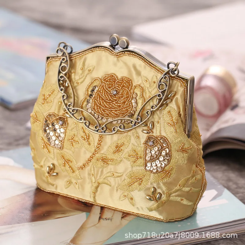 Vintage Embroider Beading Evening Bag Women Metal Handle Top-Handle Bag Phone Cosmetic Evening Bag Party Beaded Lace Handbags