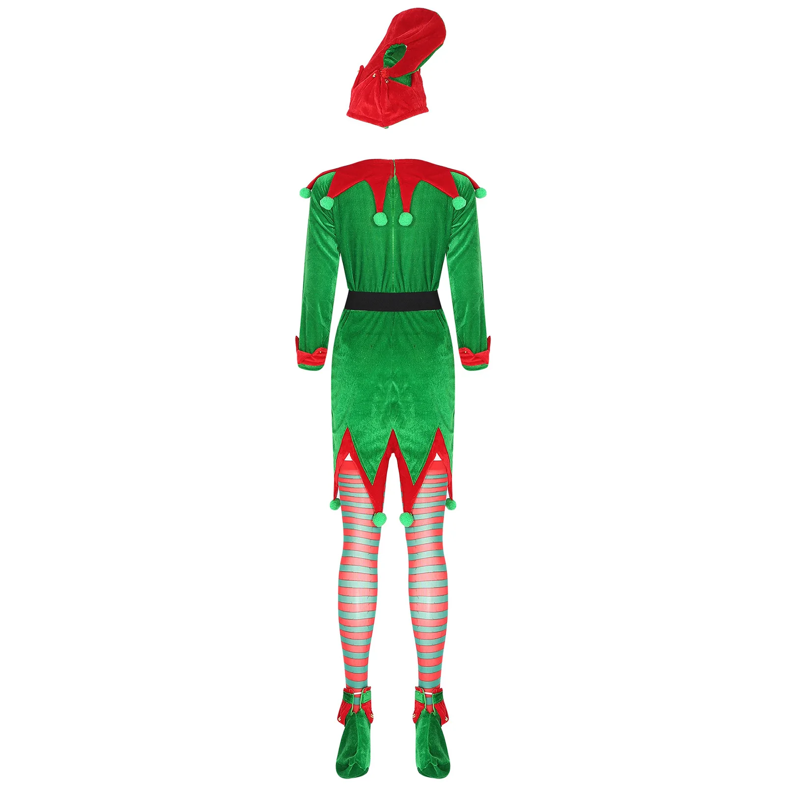 Costume de cosplay d'elfe de Noël pour adultes, ensemble de bas rayés, pompons, chapeau de Noël, robe, ceinture, chaussures, unisexe, femmes, hommes, nouvel an