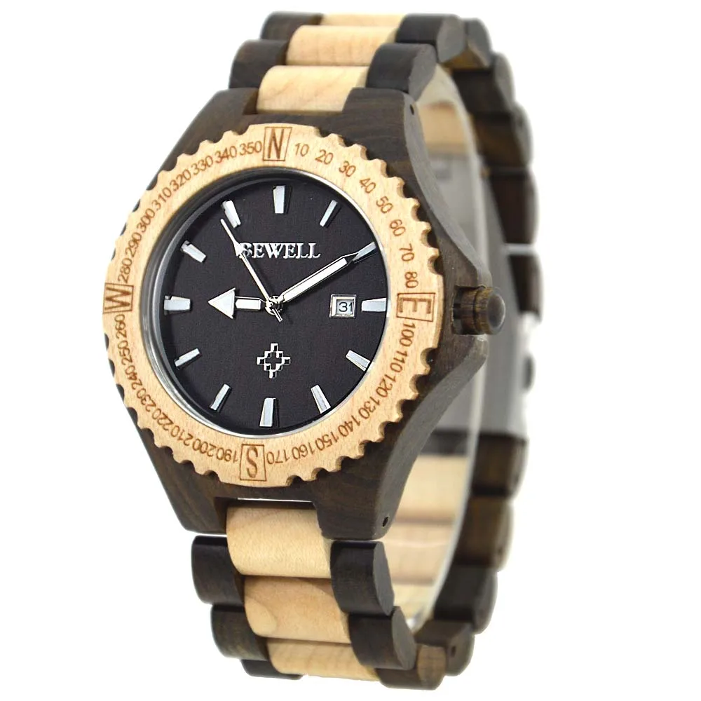 Tactile Natural Wooden Wristwatch for Men, Bright Dual Time Display Distinct Date Robust Fold Buckle Low Weight Quartz Watch