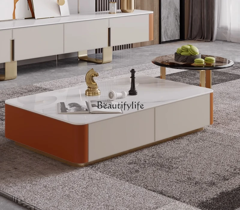 

Saddle leather coffee table TV cabinet High-grade rectangular coffee table floor cabinet