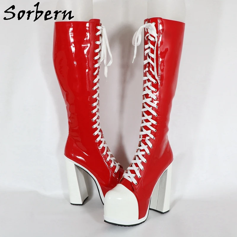 Sorbern Red Patent Knee High Boots Block High Heel Sneaker Style Lace Up Hidden Platform Shoes Customized Wide Or Slim Fit Legs