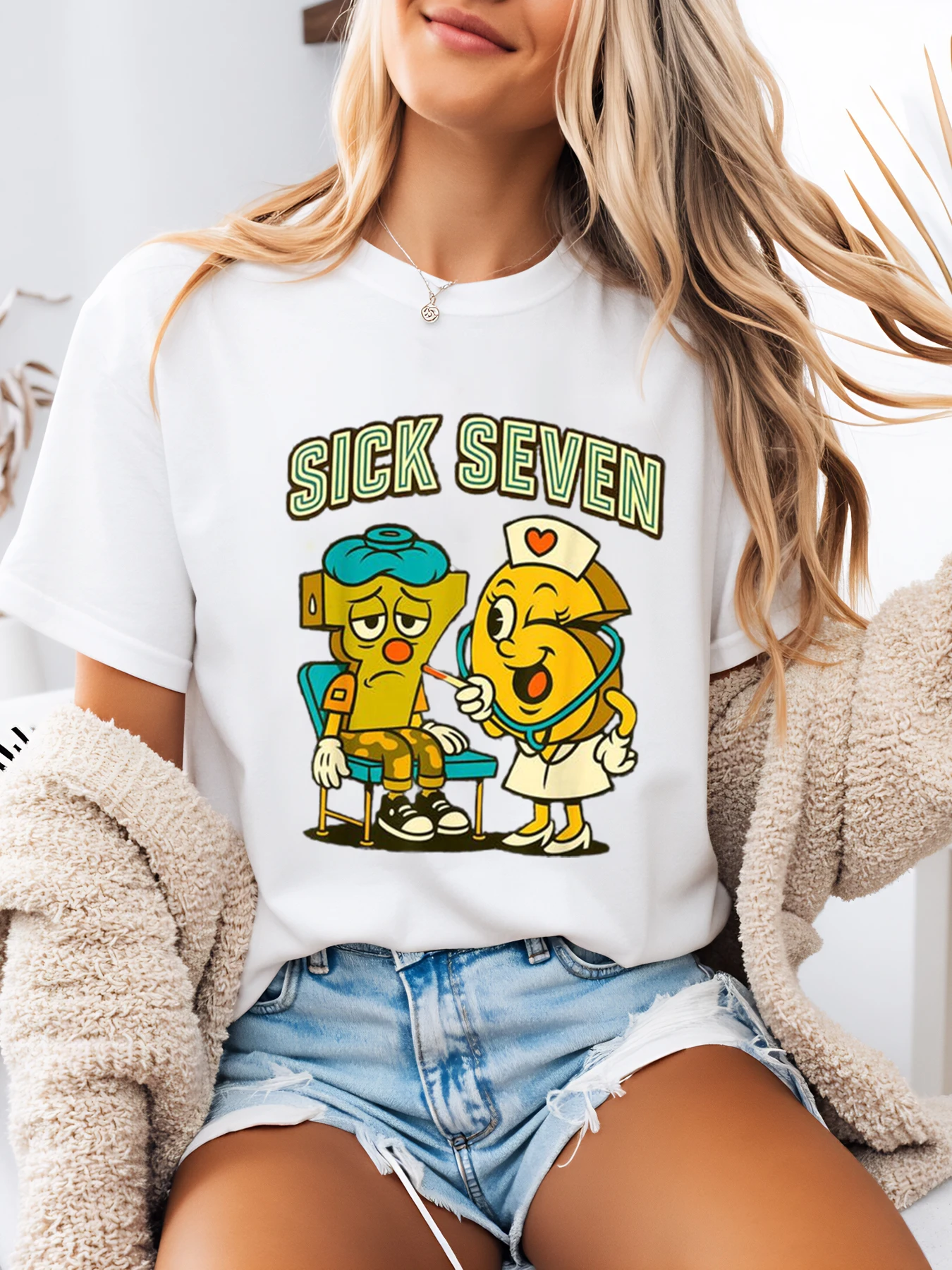 Sick Seven Cartoon Charaktere Halloween T-Shirt Damen Freizeitkleidung Party Outfit Weiß Plus-Size