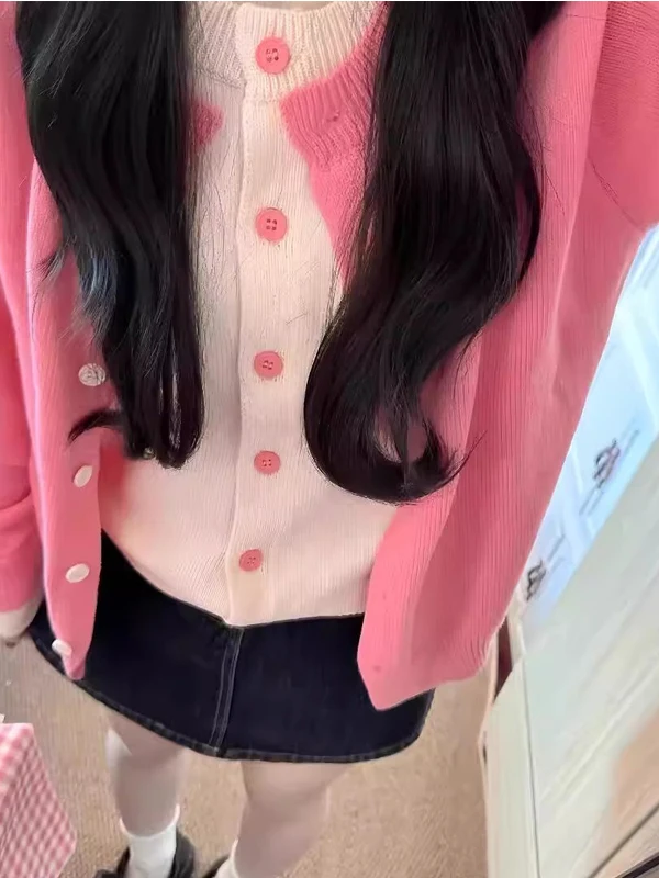 Early Spring Pink Knitted Long Sleeve Open Cardigan Women's Outerwear Autumn Spring Soft Mismatched Color Top Casual Style