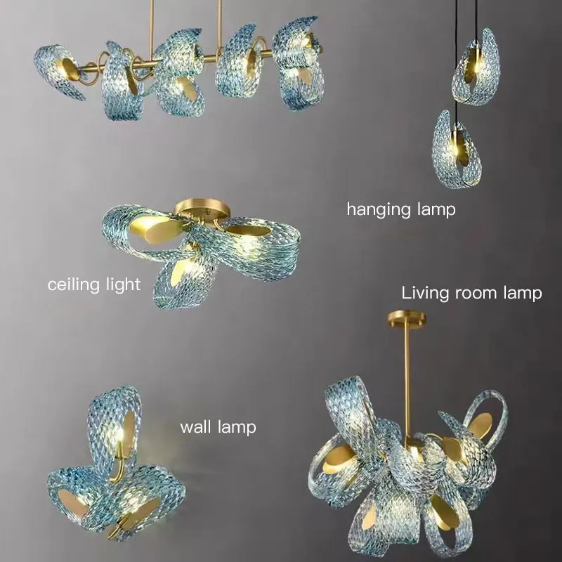 Nordic Luxury Living Room Chandeliers Designer Copper Pendant Light Blue Art Decor for Restaurant Bedroom Glass Lighting Fixture