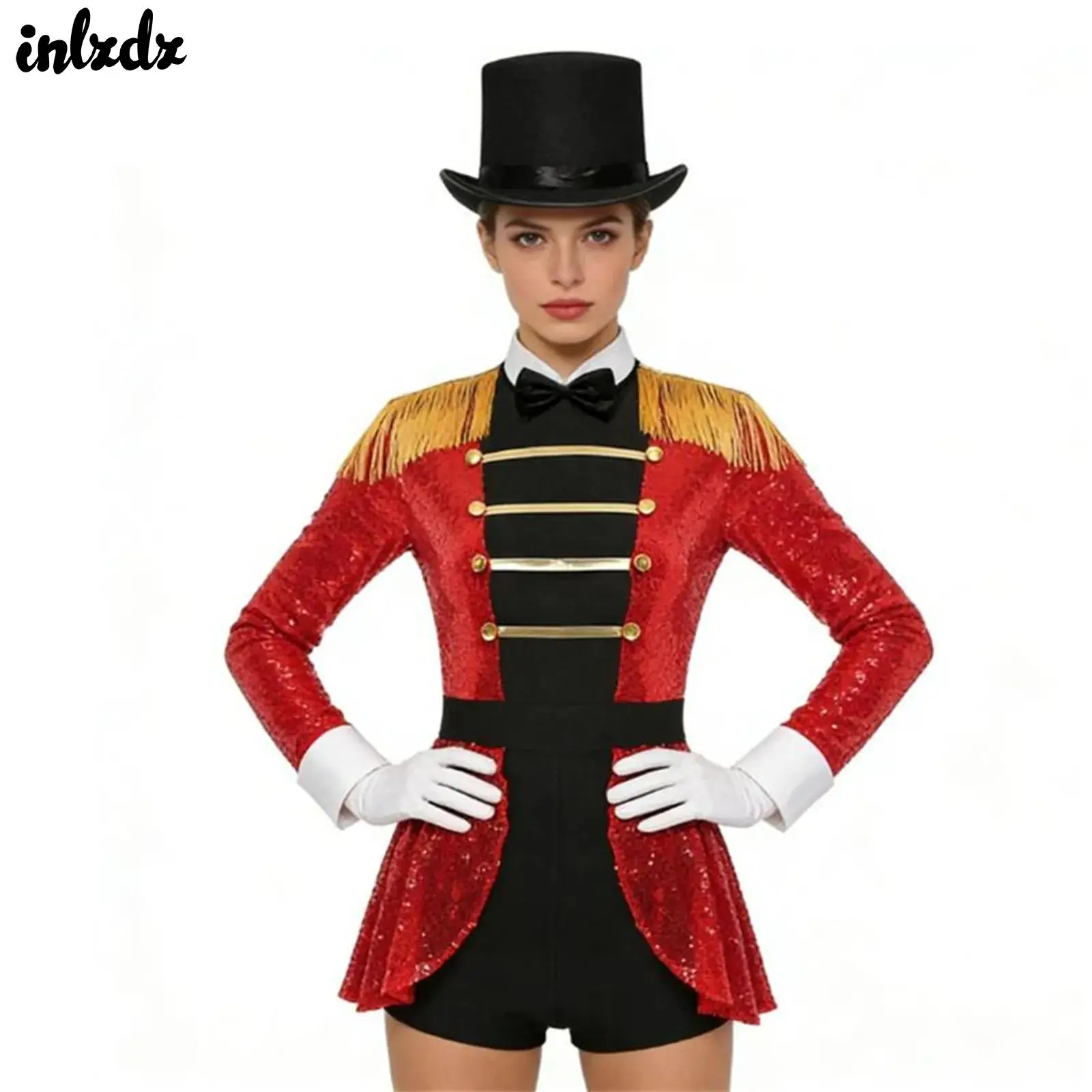 

Womens Sequin Circus Ringmaster Carnival Cosplay Costume Magician Lion Tamer Circus Bodysuit Top Hat Bow Fake Collar And Gloves