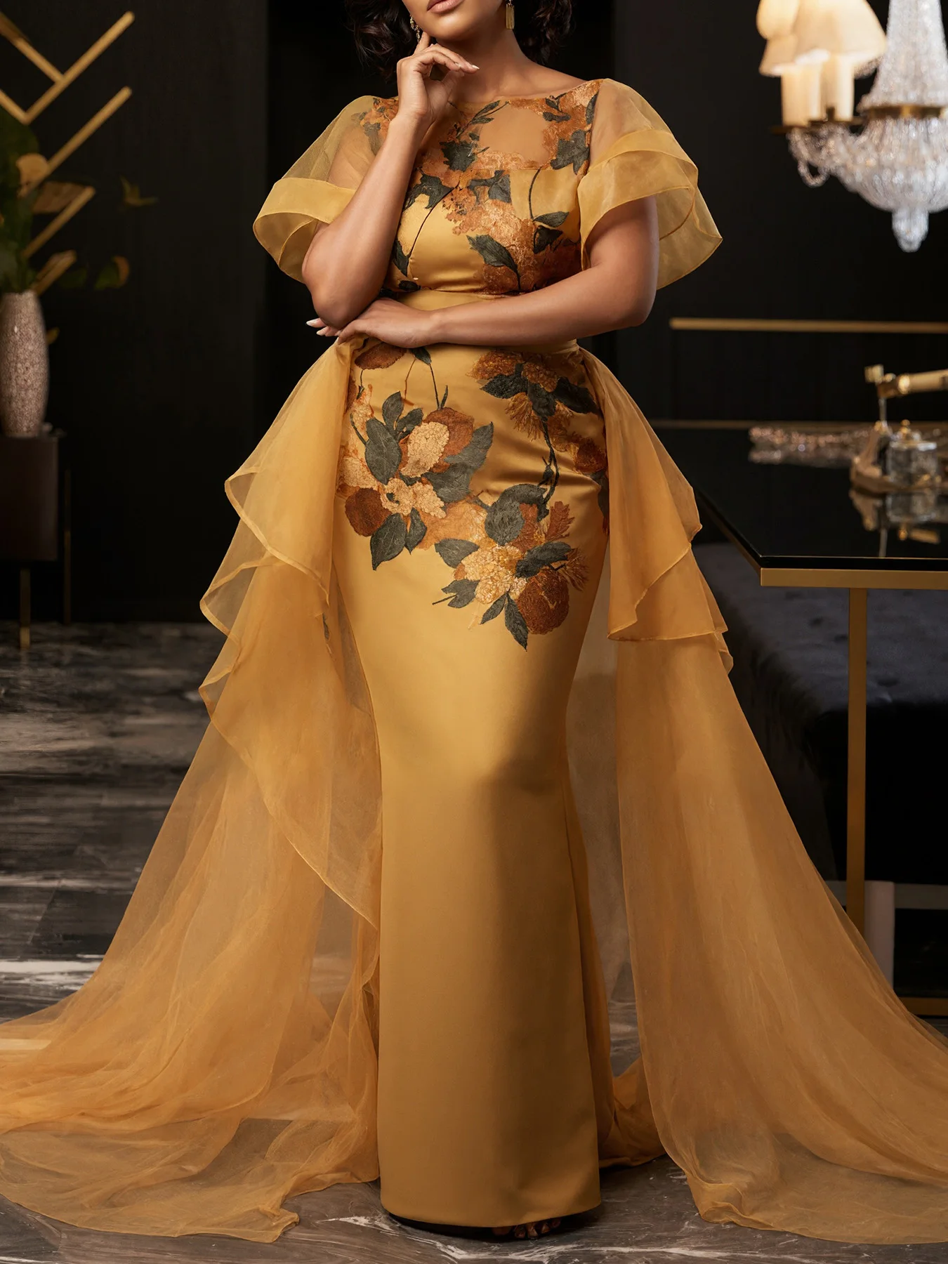 Plus Size Women Mermaid Evening Dress Floral Applique Short Ruffle Sleeve Tulle Formal Luxury Wedding Guest Party Dresses