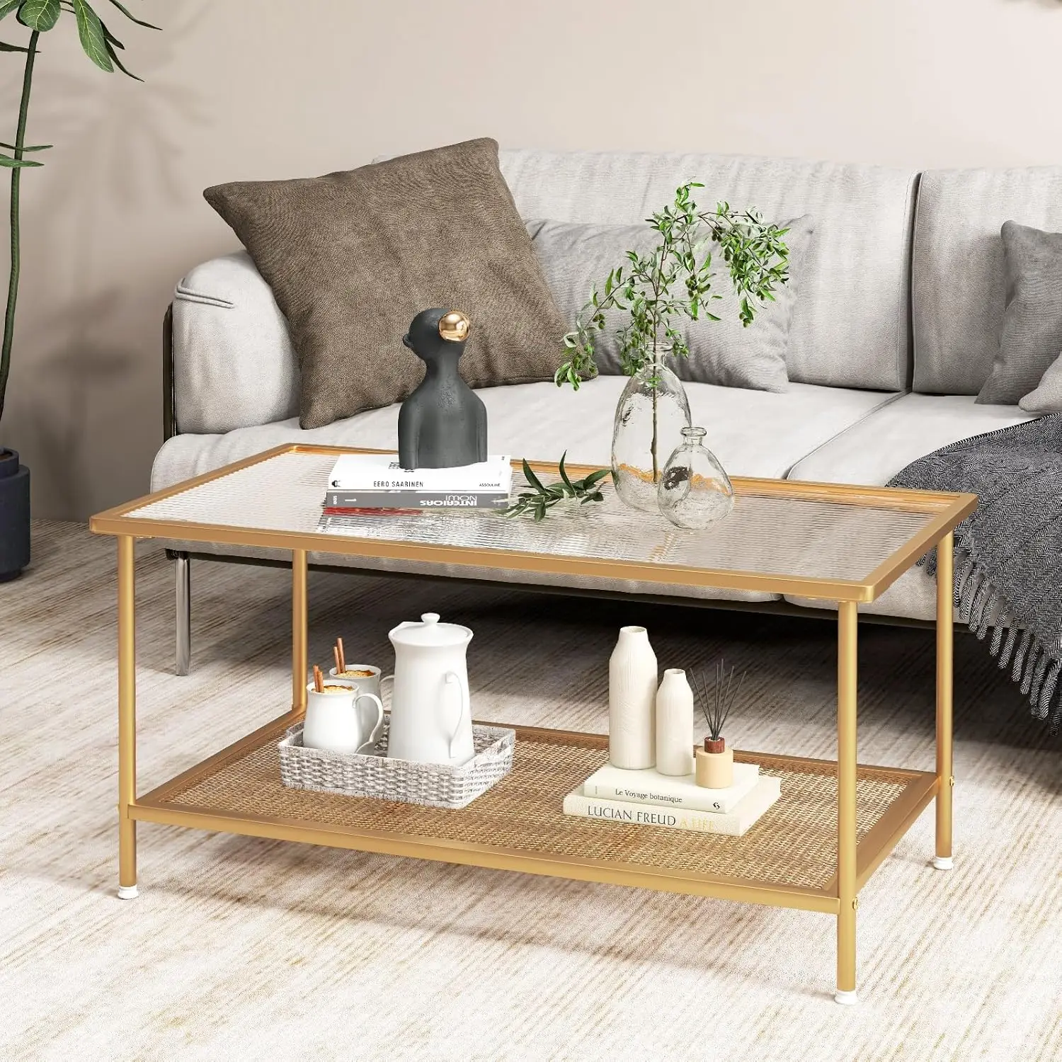

Glass Coffee Table, 2-Tier Rectangular Tempered Glass Center Table w/Metal Mesh Storage Shelf, Modern Accent Table with Gold Met