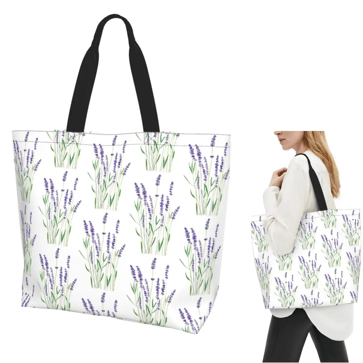 Hand Painted Purple Lavender Shopping Tote Bag Canvas Large Capacity Shoulder Bags Shopper Grocery Handbag for Women