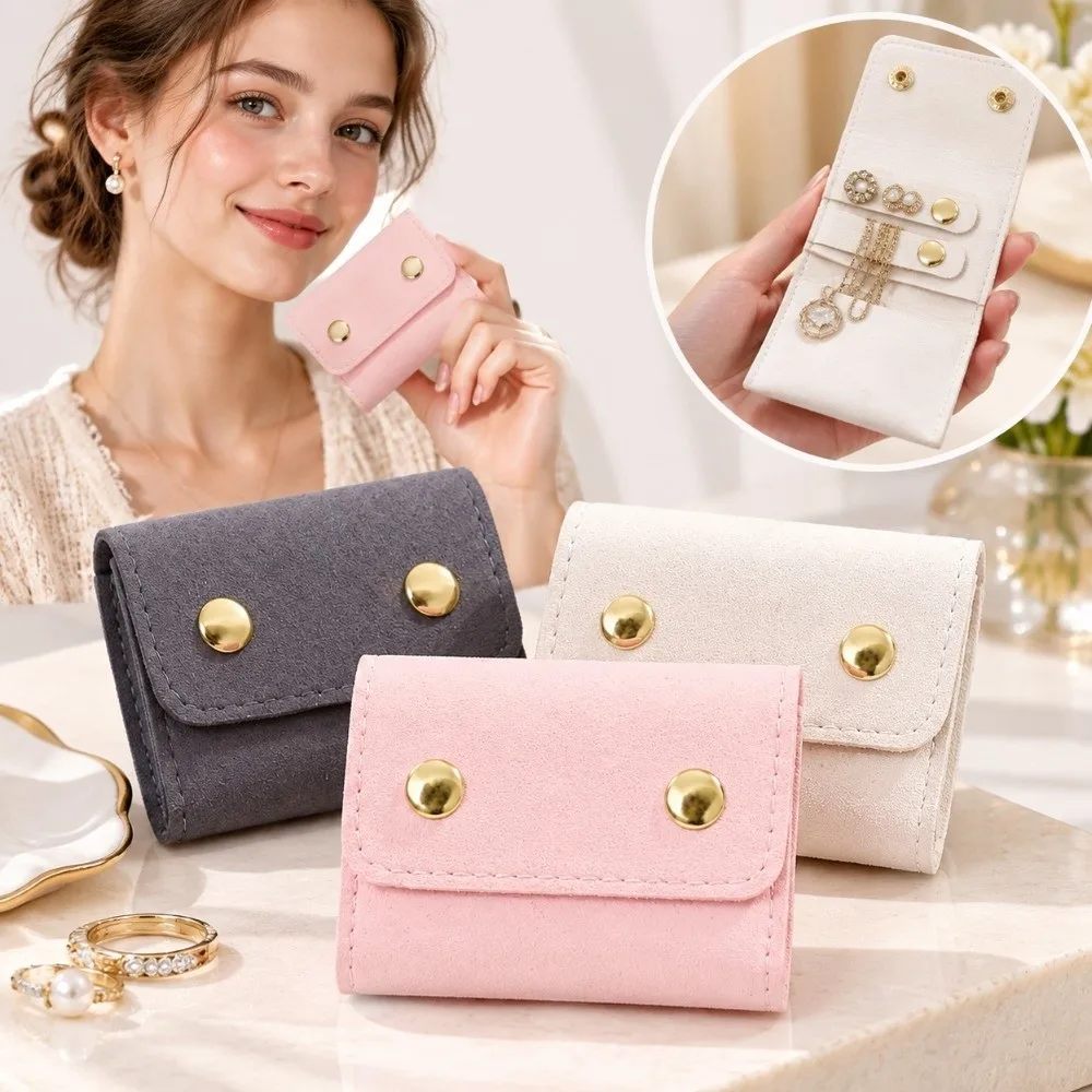 New Snap Closure Jewelry Pouch Flap Soft Ring Organizer Foldable Earring Case Travel