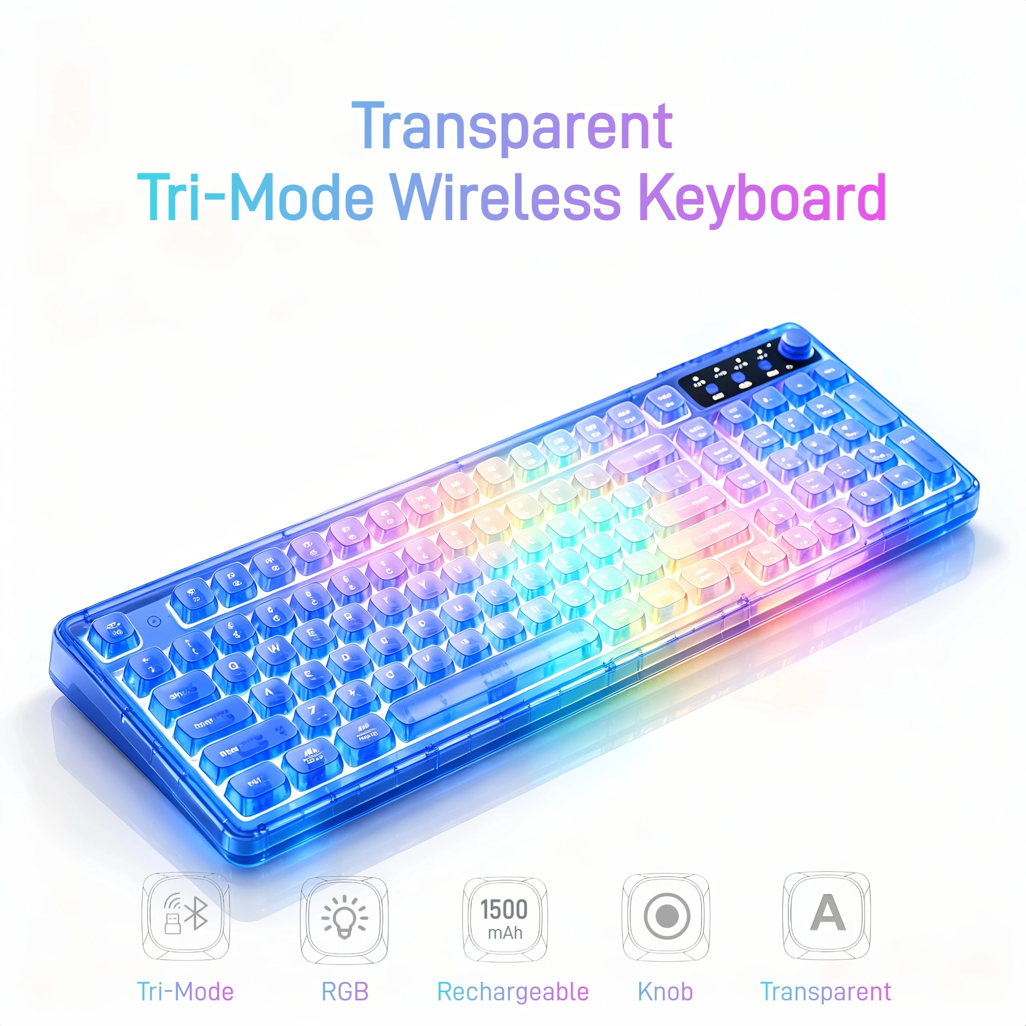 Desk Setup Pc And Laptop - Keyboard Gaming Nirkabel Transparan, Tri-Mode 2.4G/BT/USB-C,