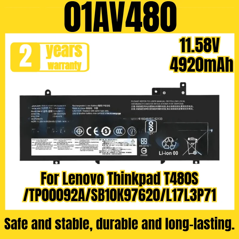 

01AV478/01AV480 laptop battery suitable for Lenovo Thinkpad T480S/TP00092A/SB10K97620/L17L3P71 battery,11.58V 4920mAh