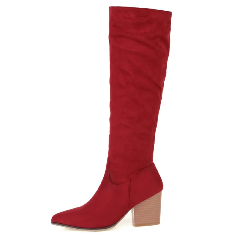 Faxu Suede Knee High Boots Women Shoes Autumn Winter Fashion Long Tall Boot Female Block High Heels Flock Black Red Party Shoes