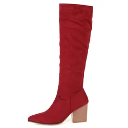 Faxu Suede Knee High Boots Women Shoes Autumn Winter Fashion Long Tall Boot Female Block High Heels Flock Black Red Party Shoes
