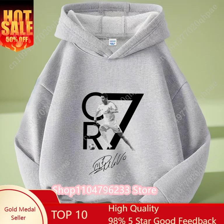 

Cristiano Ronaldo CR7 Printed Kids Hoodie, Casual Gray Long Sleeve Hooded Sweatshirt for Football Fans