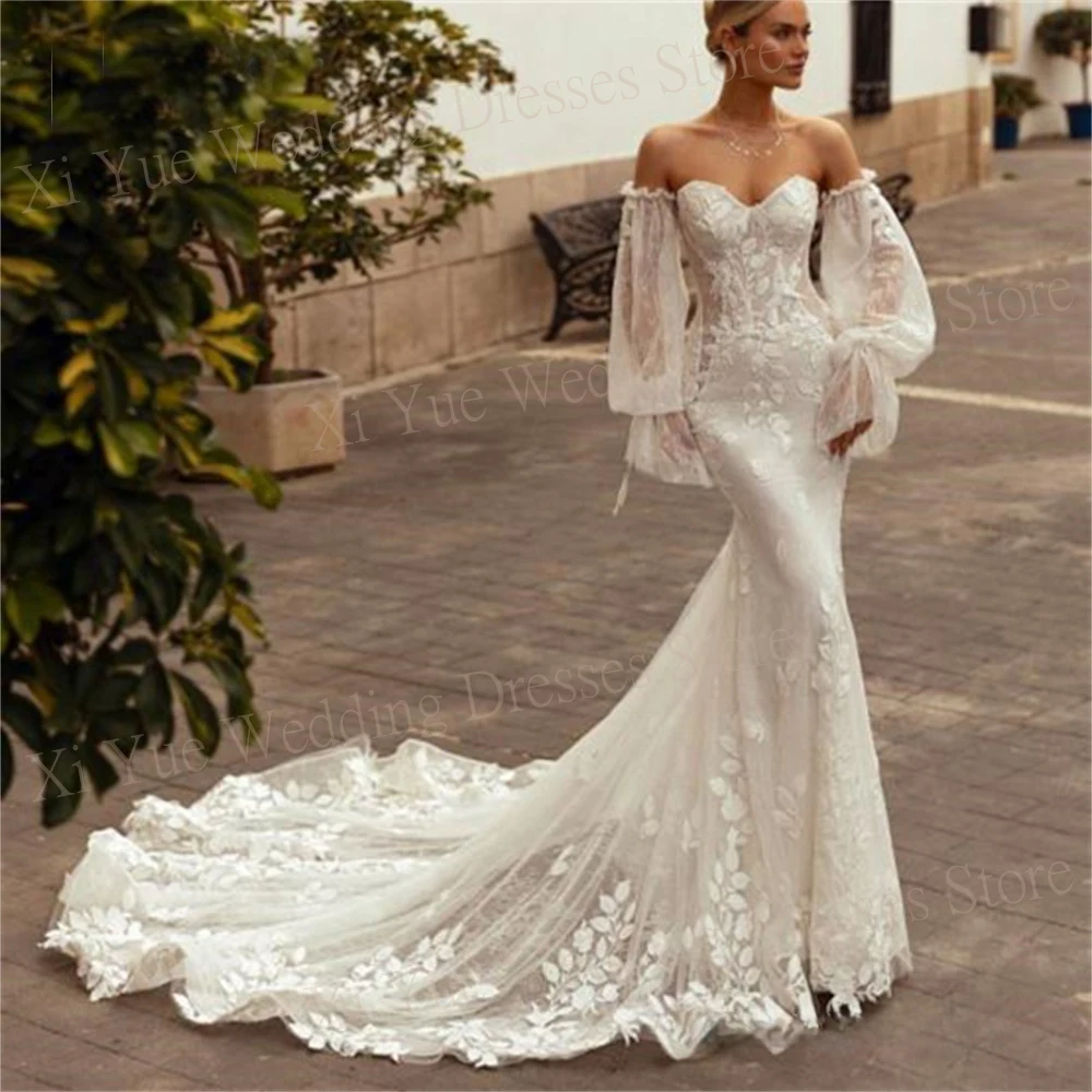 

Exquisite Sexy New Mermaid Wedding Dresses Classic Lace Appliques Bride Gowns With Detachable Lantern Sleeves Strapless Backless