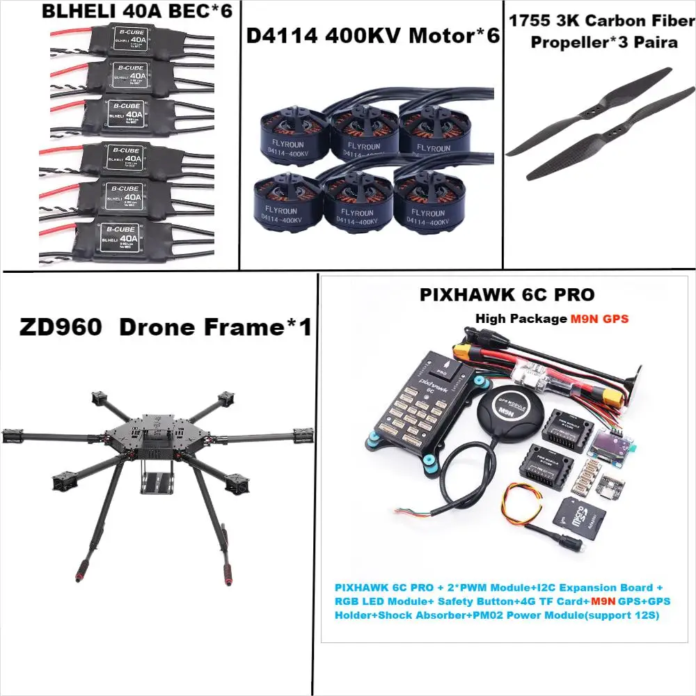 Angeltoy ZD960 PIXHAWK 6C PRO M8N/M9N/M10 marco hexa-rotor de fibra de carbono BLHELI 40A ESC Control de vuelo juego de telemetría Rado