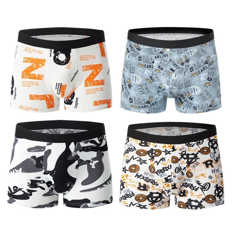 4-piece MEN\'S FASHION Printed Underwear Breathable Crotch Boxers for Teenagers Comfortable plus Size Underwear up to 6XL.