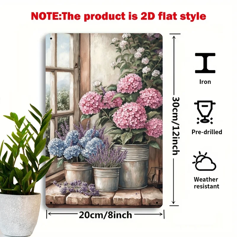 2D Flat - 2D Plane Retro Hydrangea & Lavender Metal Wall Art Sign - 8X12 Inch Rustic Style for Floral Decor with Pink Hydrangeas