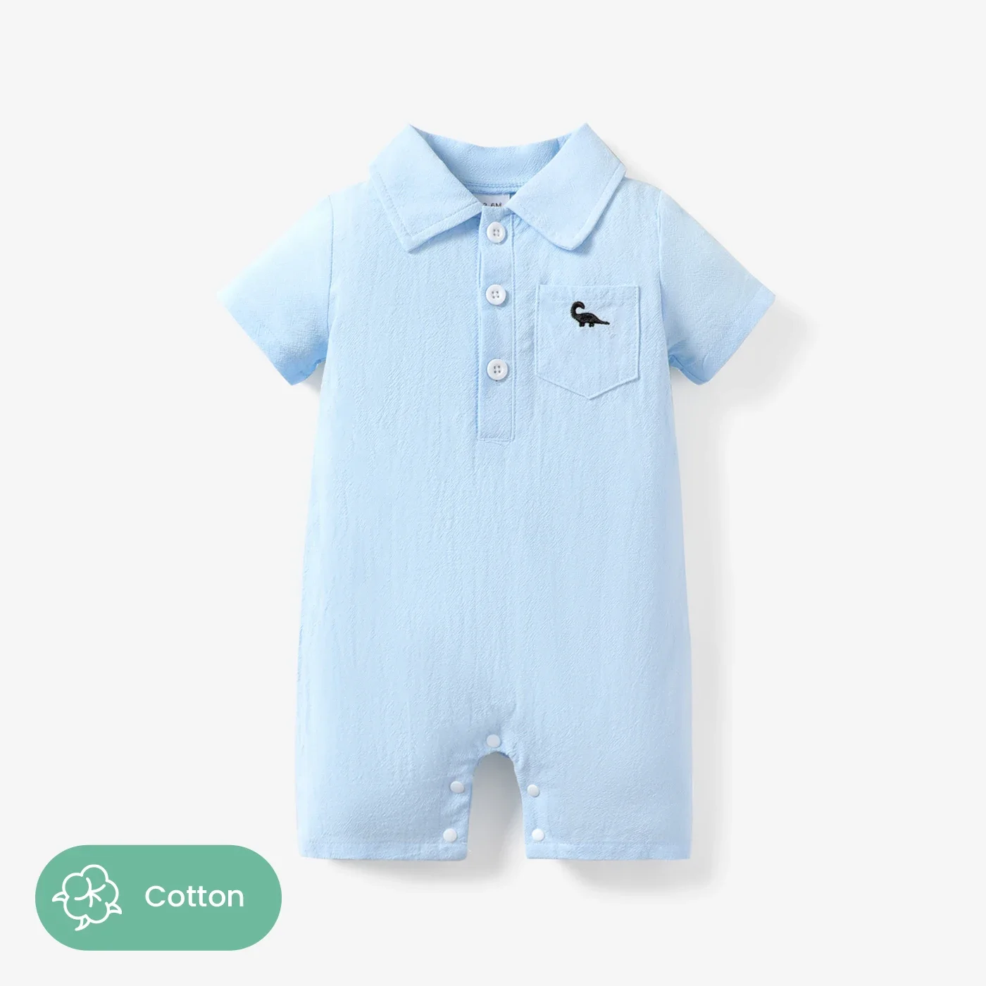 PatPat Baby Boy 100% Cotton Front Buttons Pocket with Dinosaur Pattern Lapel Neck Solid Jumpsuit Soft and Comfortable