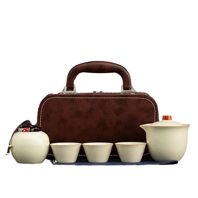 

Ru Kiln Travel Tea Set One Pot Three Cups Convenient Outdoor Ceramic Kuaike Cup Set Business Event Gifts
