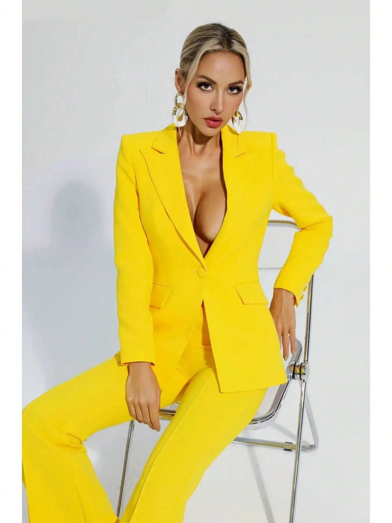 

Yellow Flared Pants And Blazer Suit Set For Women Office Elegant Professional