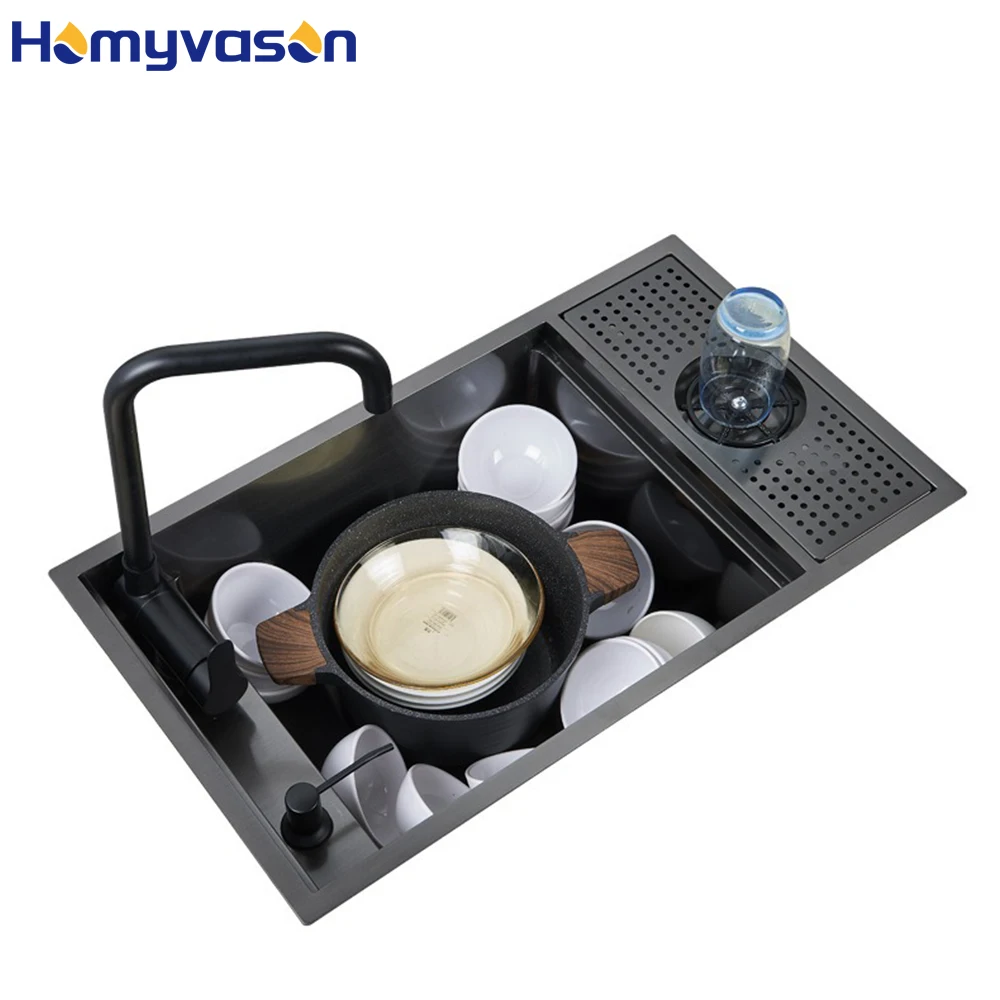 High Quality Nano Black Single Bowl Sus304 Stainless Steel Handmade Undermount Faucet Smart Hidden Kitchen Sink