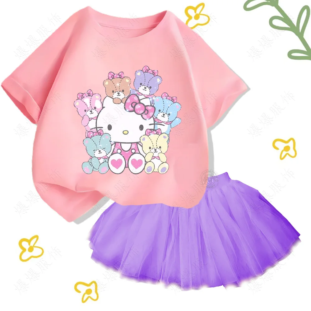 Children\'s clothing Cotton T-shirt sets cartoon print Hello kitty fashion cute tops and girls two-tone puffy tulle skirt dress