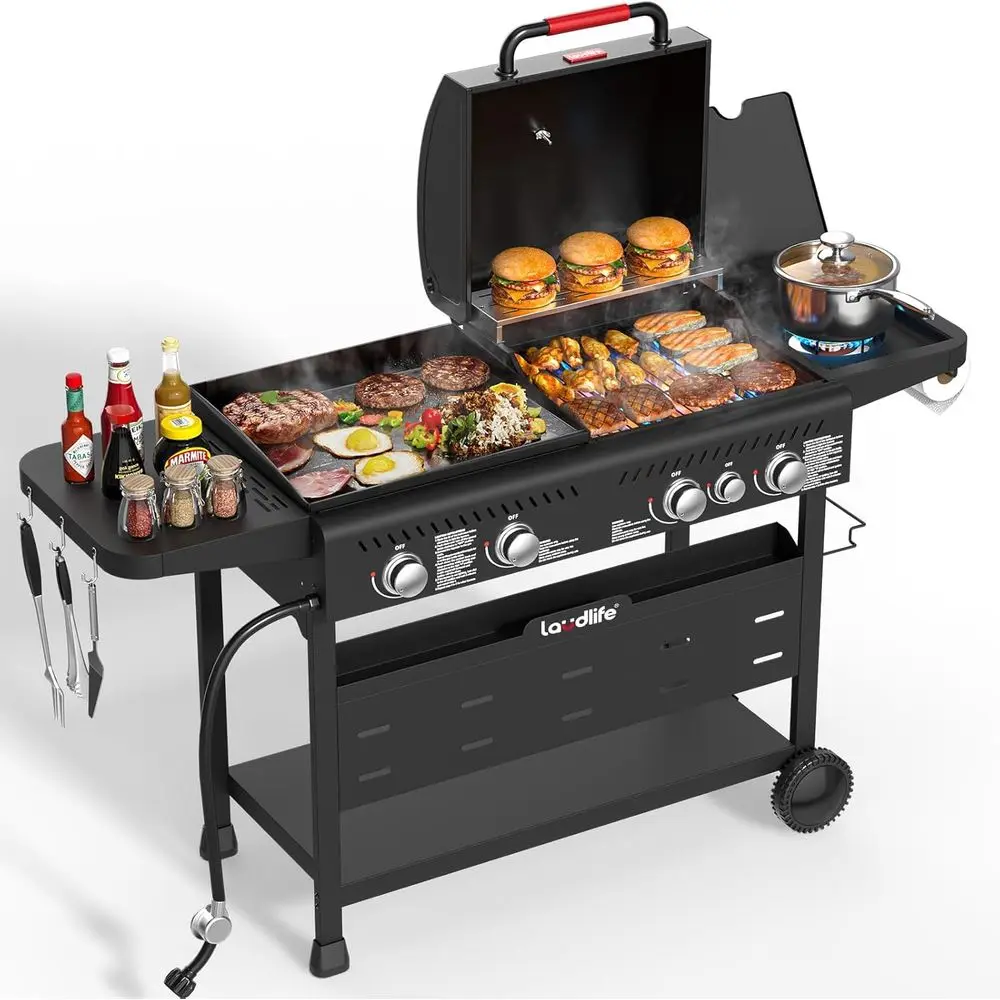 

5-Burner Propane BBQ Grill with 702 Sq. In. Non-Stick Griddle and Side Burner for Outdoor Cooking