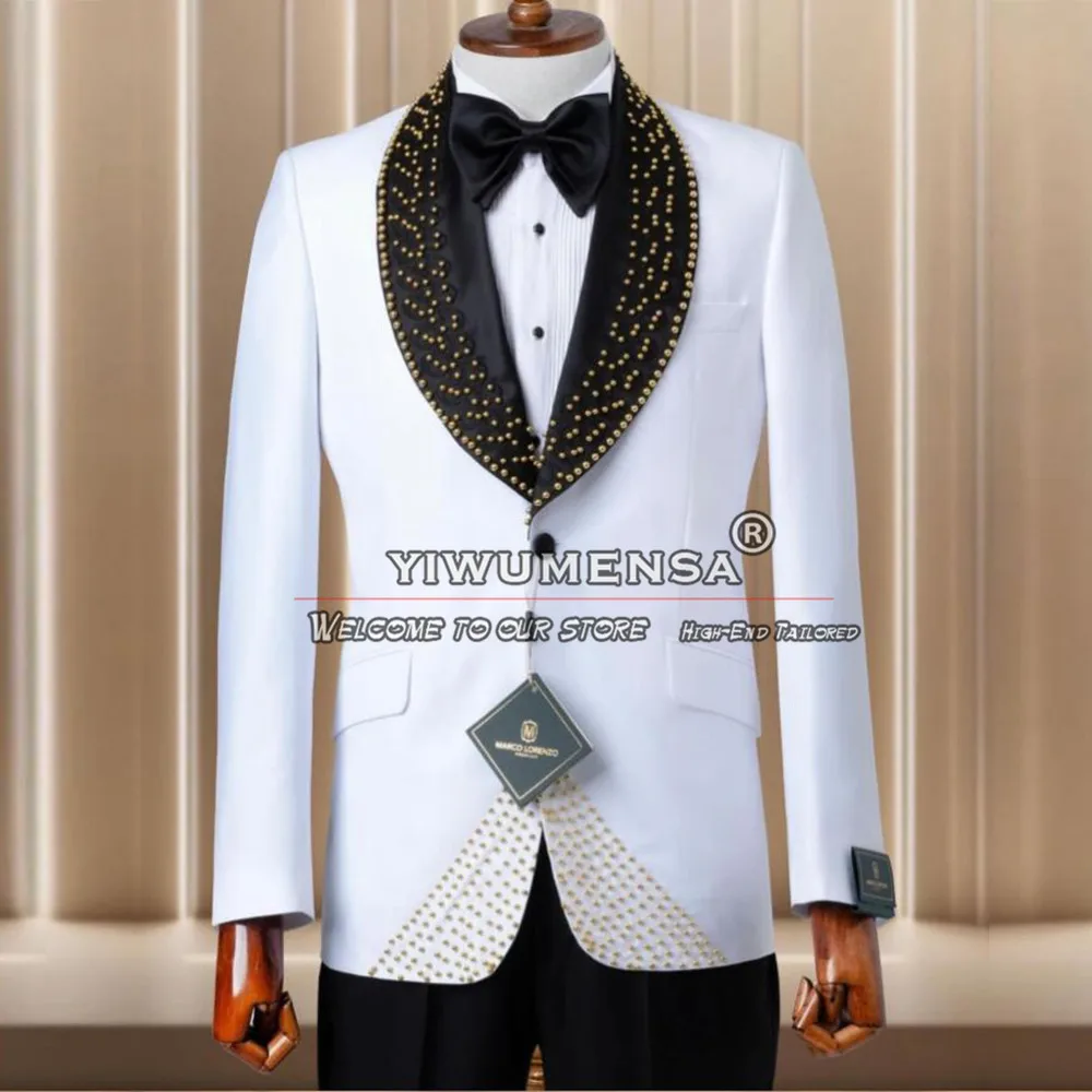 White Wedding Suits For Men Gold Pearls Shawl Lapel Prom Blazer Tailored Single Breasted Jacket Pants 2 Pieces Groom Tuxedos