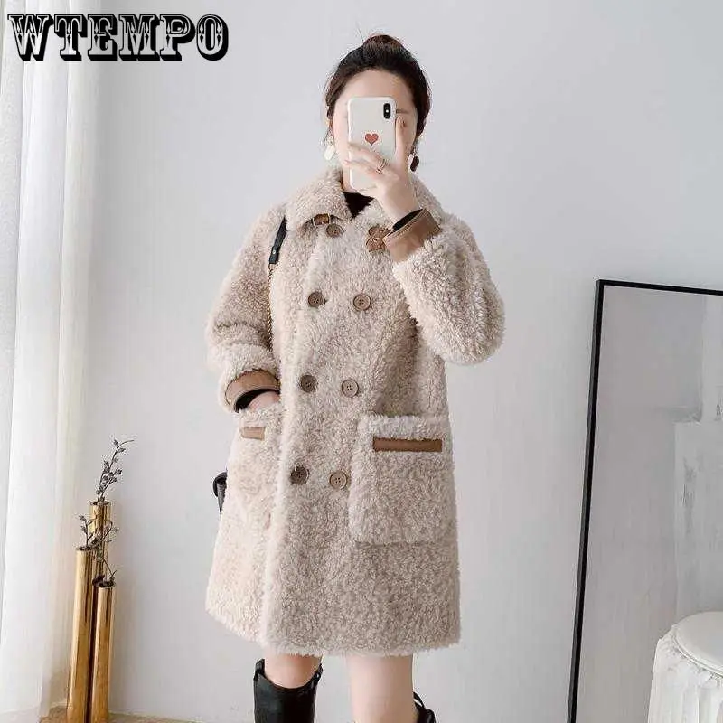 

WTEMPO Fall Winter Lamb Wool Fur Jacket Turn-Down Collar Double Breasted Women Double-Faced Fleece Coat Korean Fashion Overcoat