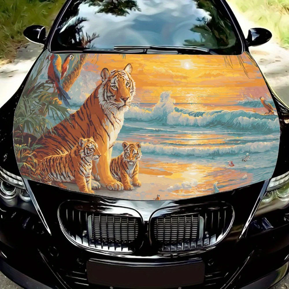 

Heartwarming Tiger Family on Sunset Beach, наклейка на капот двигателя автомобиля, художественная наклейка, персонализированное украшение для экстерьера автомобиля, подарок для